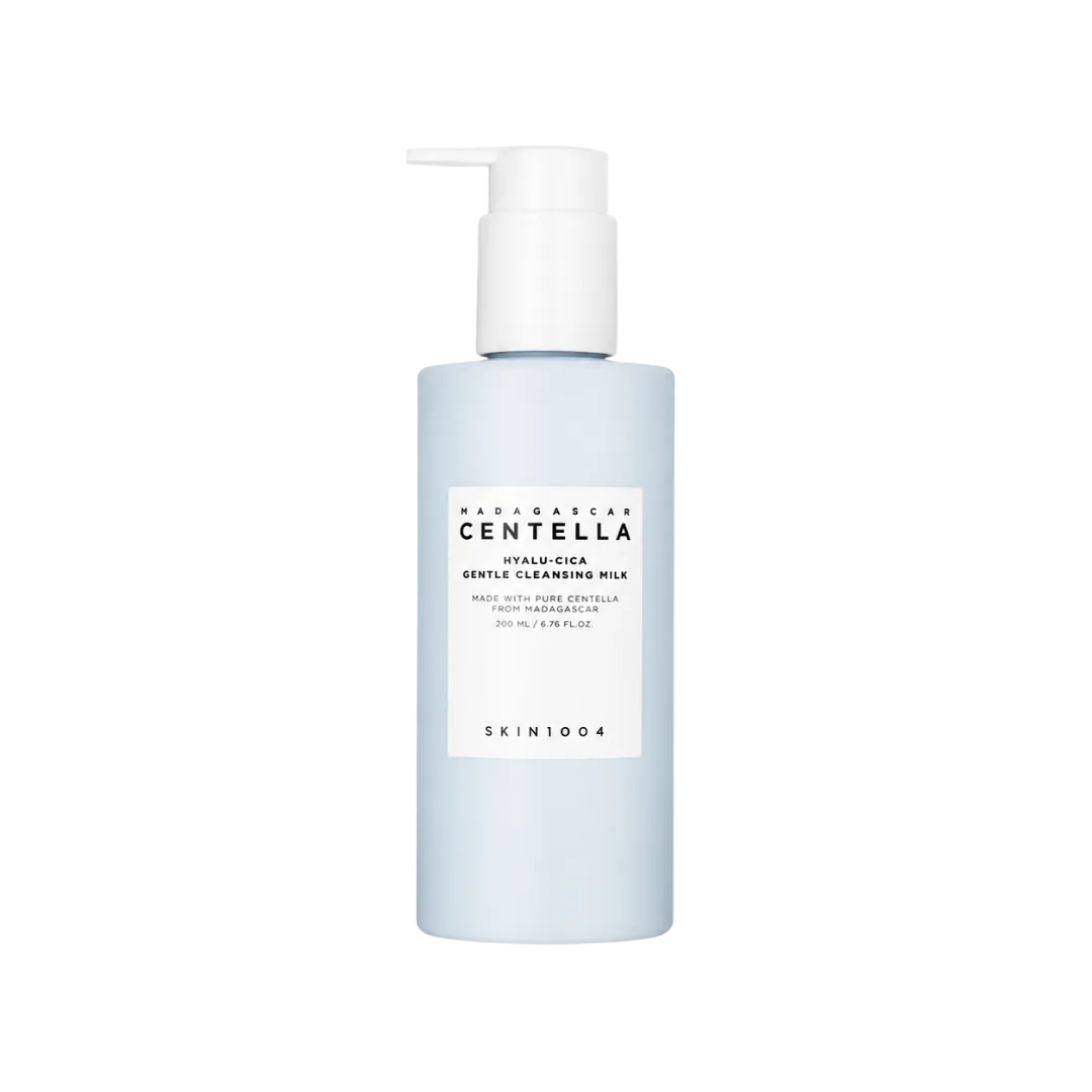 A bottle of SKIN1004 Centella Hyalu-Cica Gentle Cleansing Milk with a white pump dispenser and a light blue bottle, shown on a plain white background.
