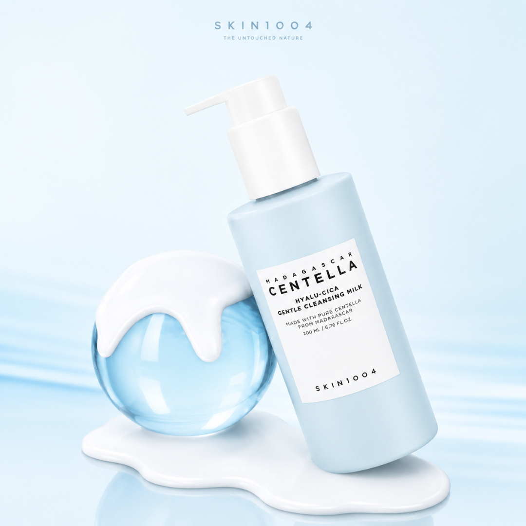 SKIN1004 Centella Hyalu-Cica Gentle Cleansing Milk in a light blue pump bottle, shown next to a decorative blue and white glass sphere on a light blue background.
